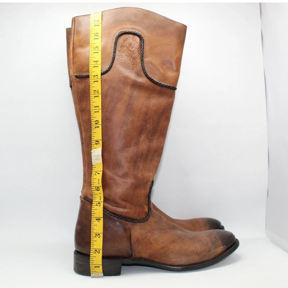 Sonora Tan Distressed Leather Tall Riding Boots Braided Trim Women 11 B SN 5228
